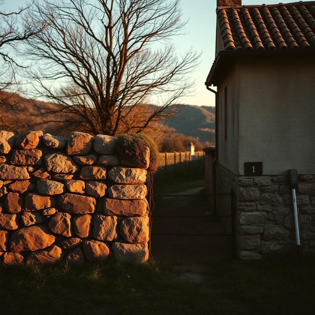 Muro de piedra separando dos fincas rurales al atardecer