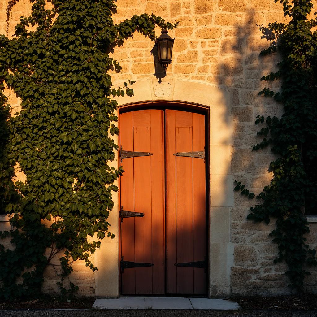 Portón de madera de una finca heredada de piedra con hiedra al atardecer